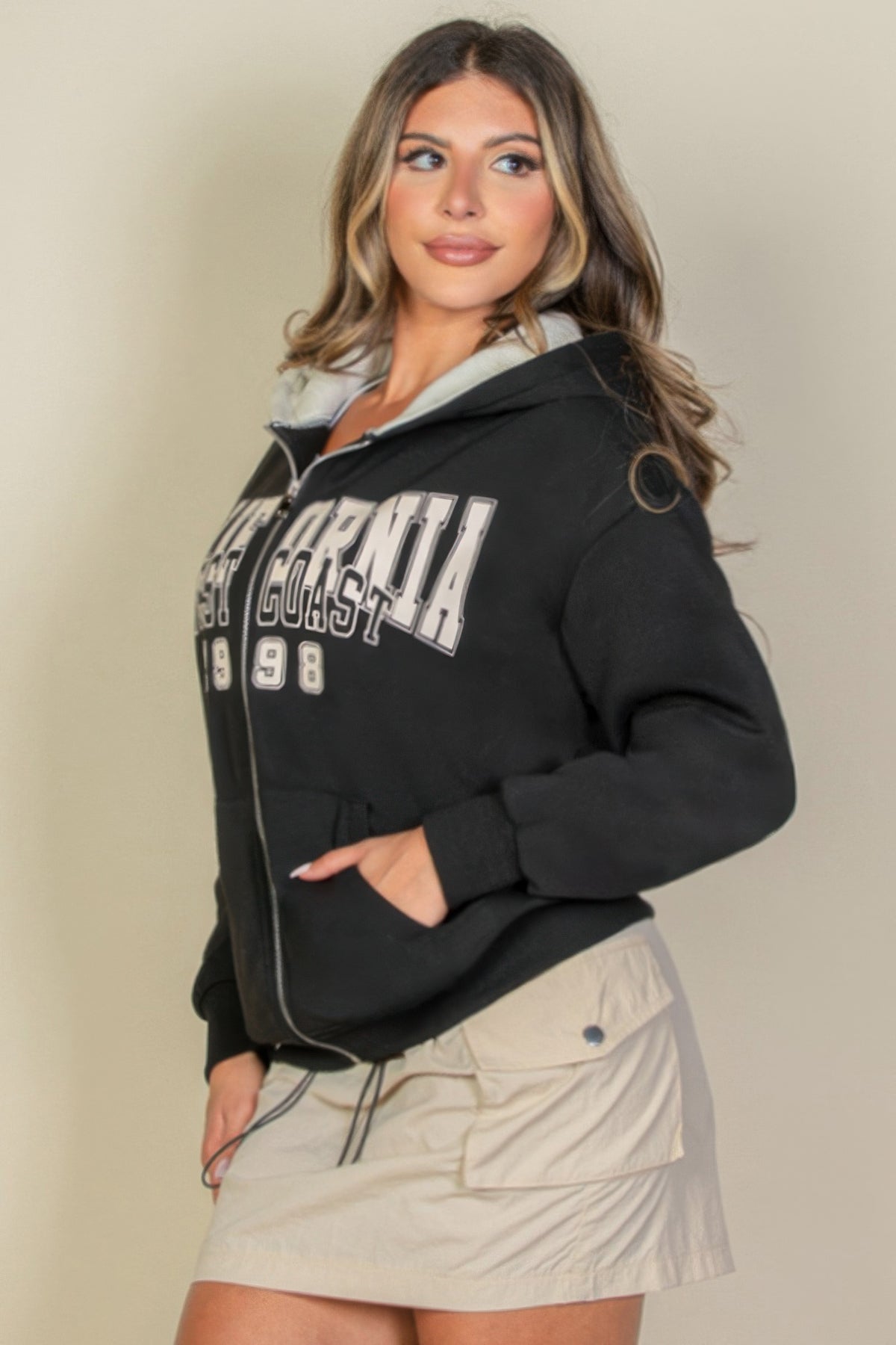 Graphic Drop Shoulder Zipper Up Hoodie For Women
