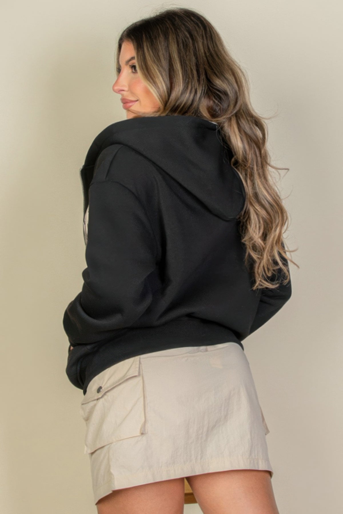 Graphic Drop Shoulder Zipper Up Hoodie For Women Black