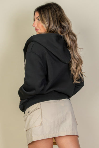 Graphic Drop Shoulder Zipper Up Hoodie For Women Black