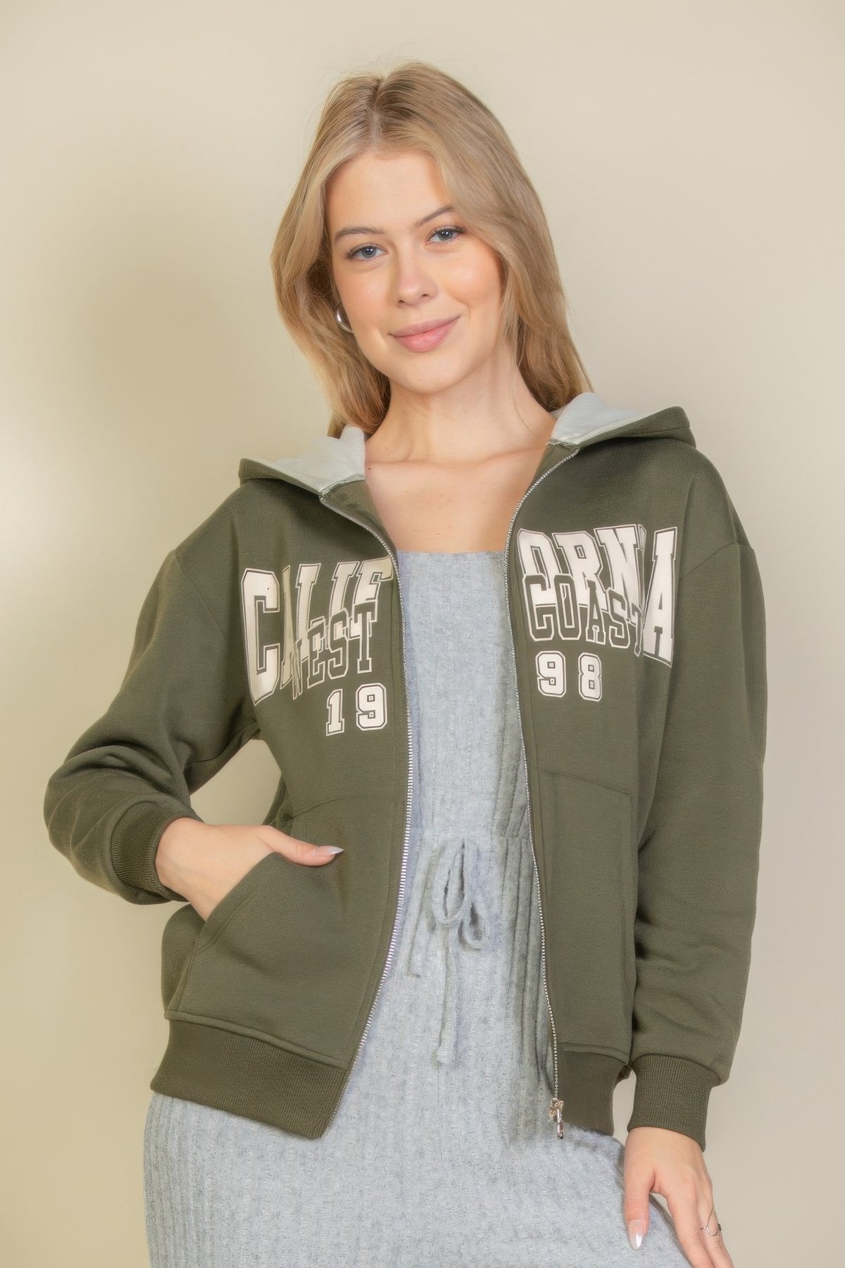 Graphic Drop Shoulder Zipper Up Hoodie For Women Olive