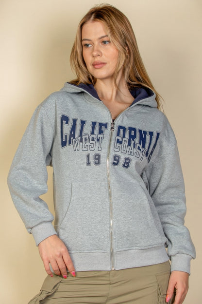 Graphic Drop Shoulder Zipper Up Hoodie For Women Heather Grey