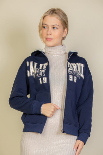 Graphic Drop Shoulder Zipper Up Hoodie For Women Navy