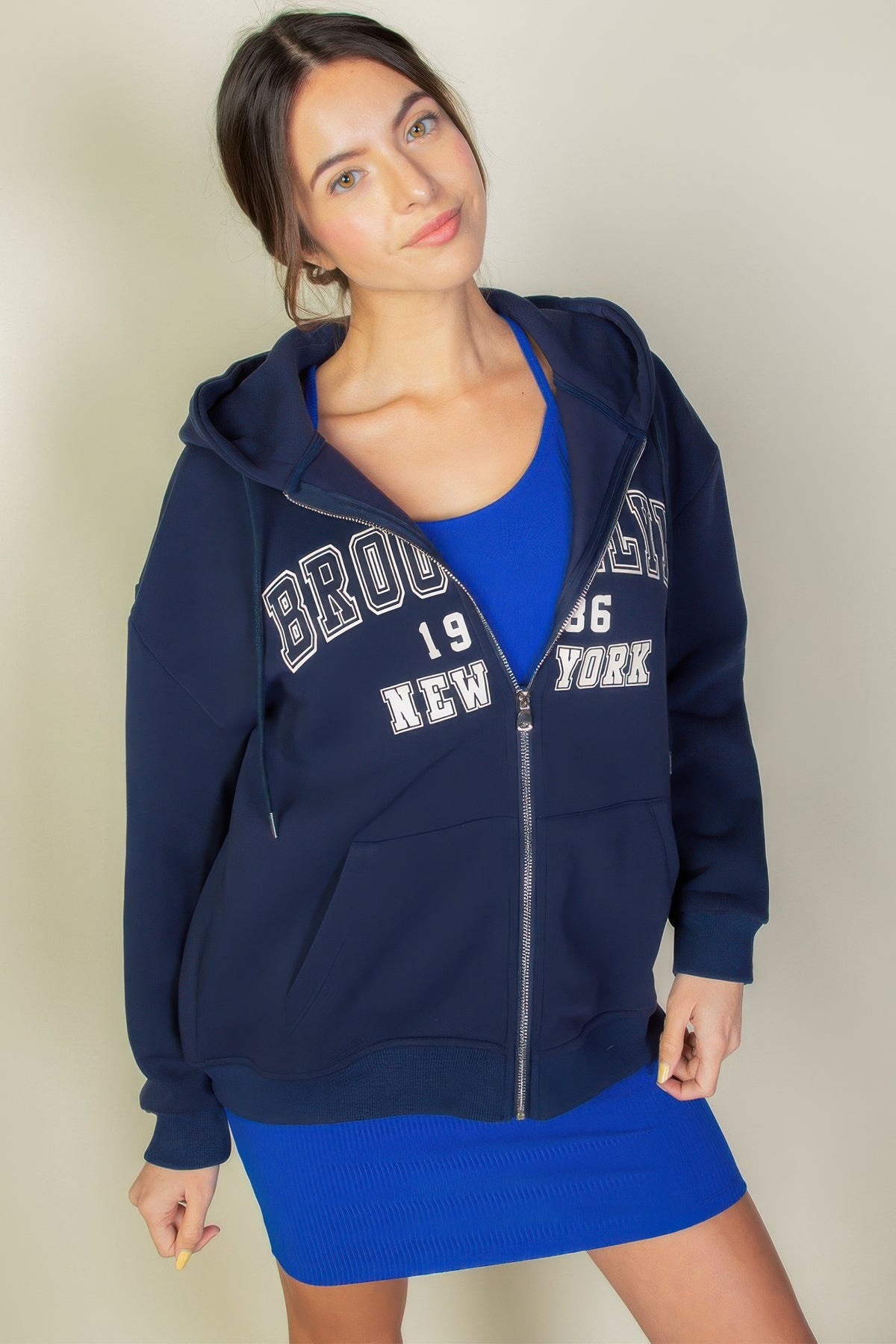 Graphic Drop Shoulder Zipper Up Hoodie For Women