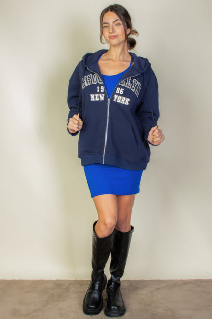 Graphic Drop Shoulder Zipper Up Hoodie For Women