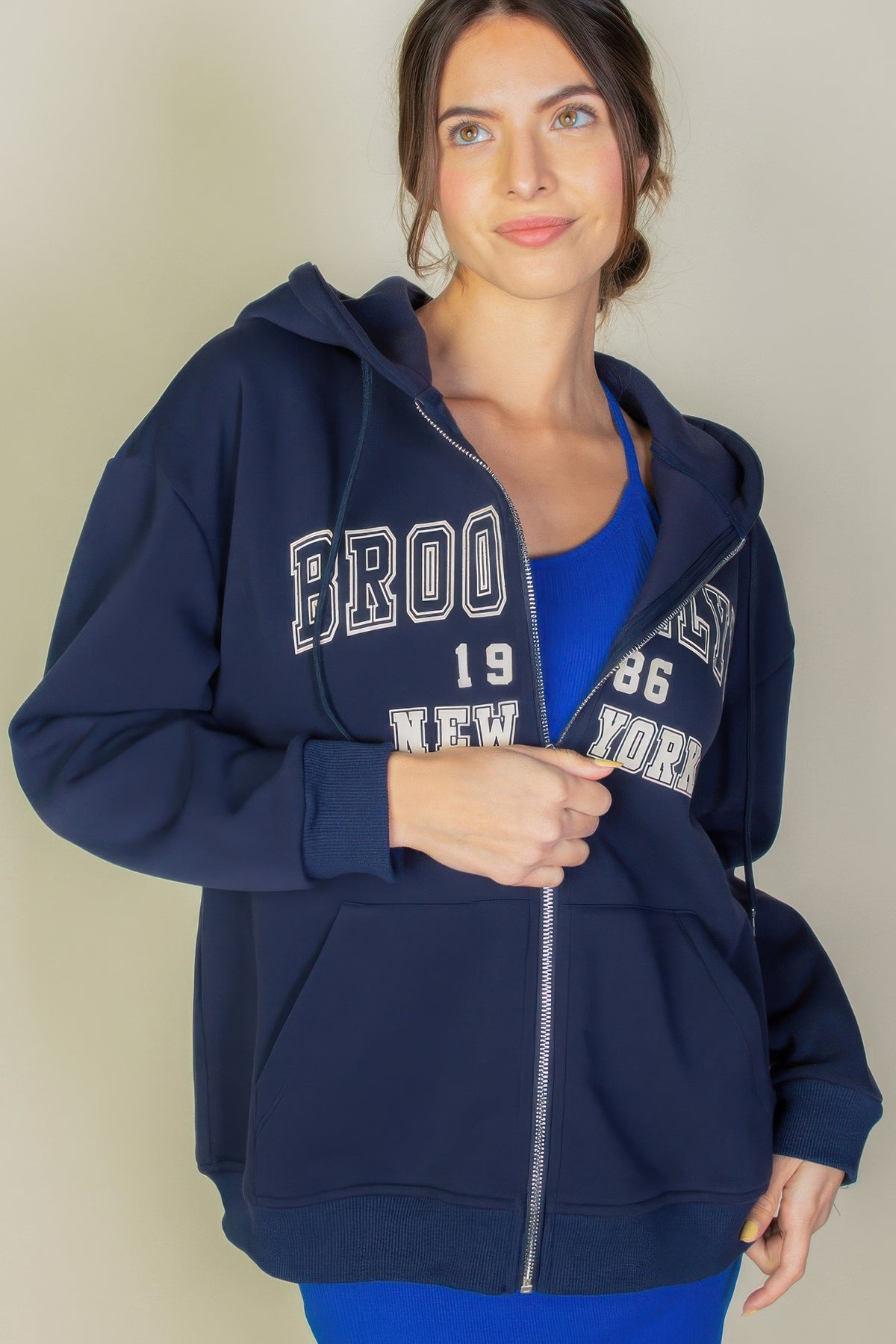 Graphic Drop Shoulder Zipper Up Hoodie For Women