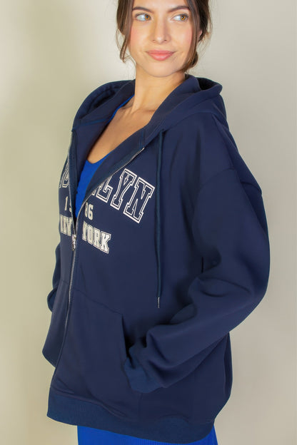 Graphic Drop Shoulder Zipper Up Hoodie For Women