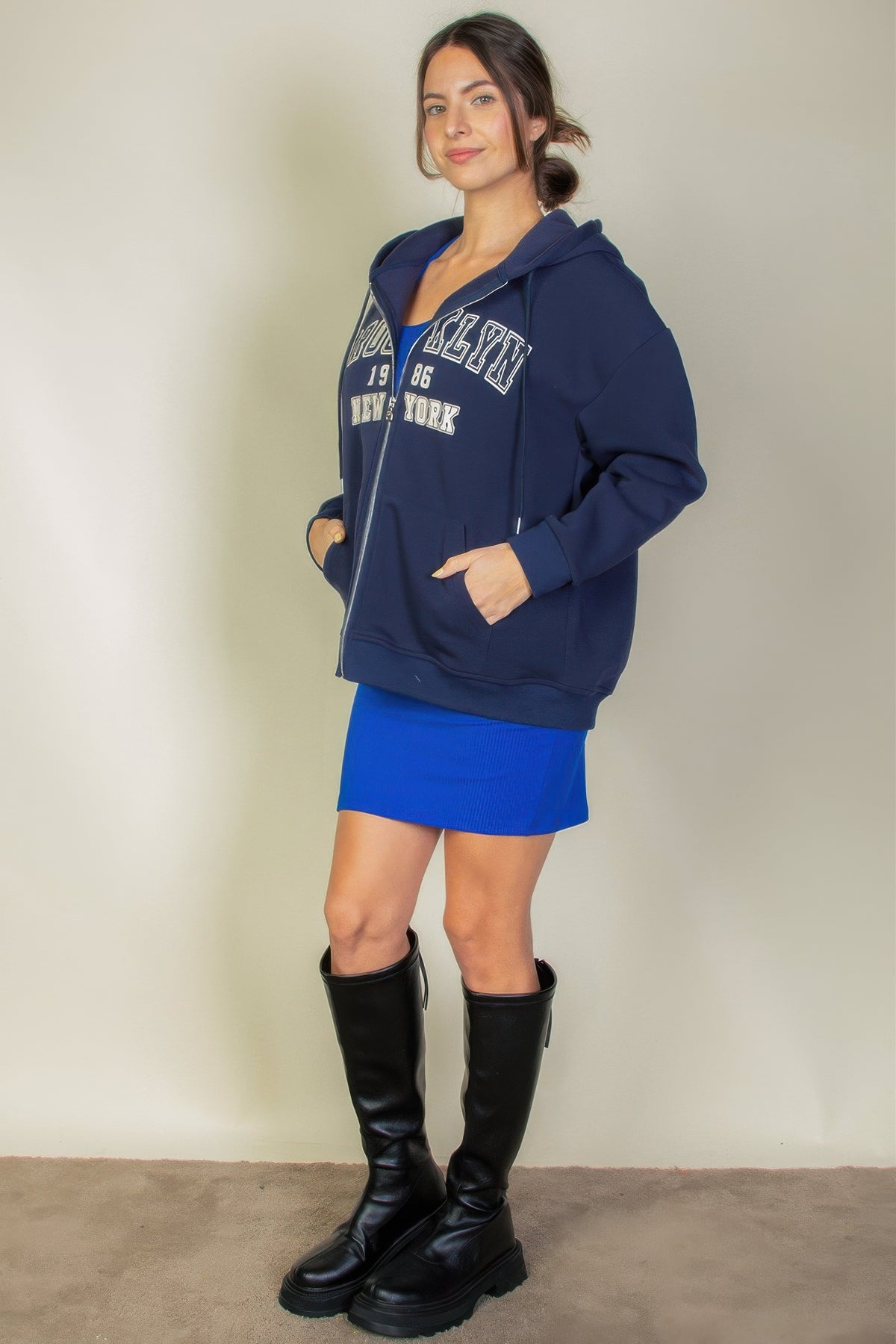 Graphic Drop Shoulder Zipper Up Hoodie For Women Navy