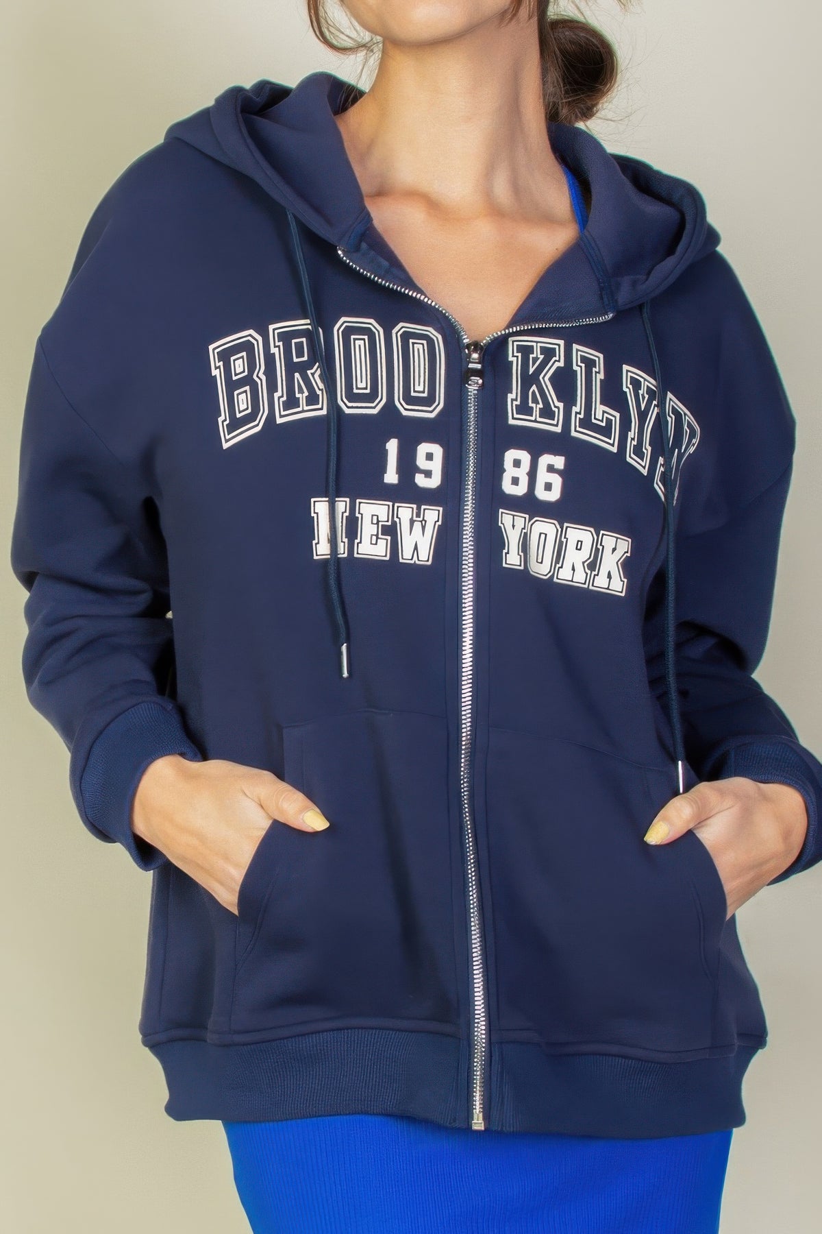 Graphic Drop Shoulder Zipper Up Hoodie For Women