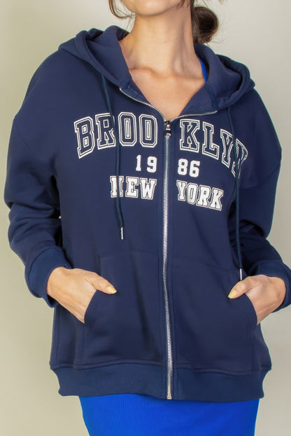 Graphic Drop Shoulder Zipper Up Hoodie For Women