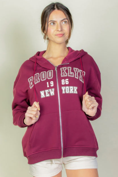 Graphic Drop Shoulder Zipper Up Hoodie For Women Burgundy