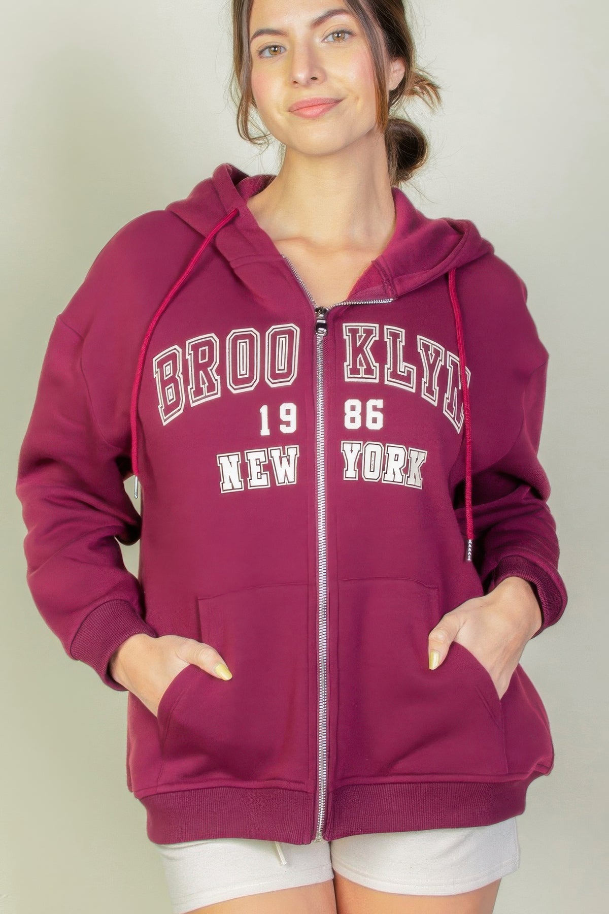 Graphic Drop Shoulder Zipper Up Hoodie For Women