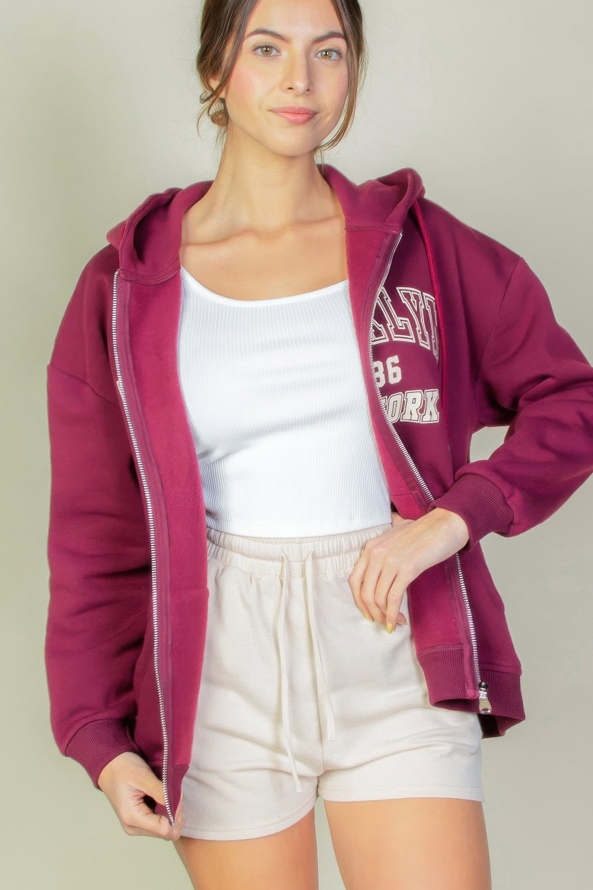 Graphic Drop Shoulder Zipper Up Hoodie For Women