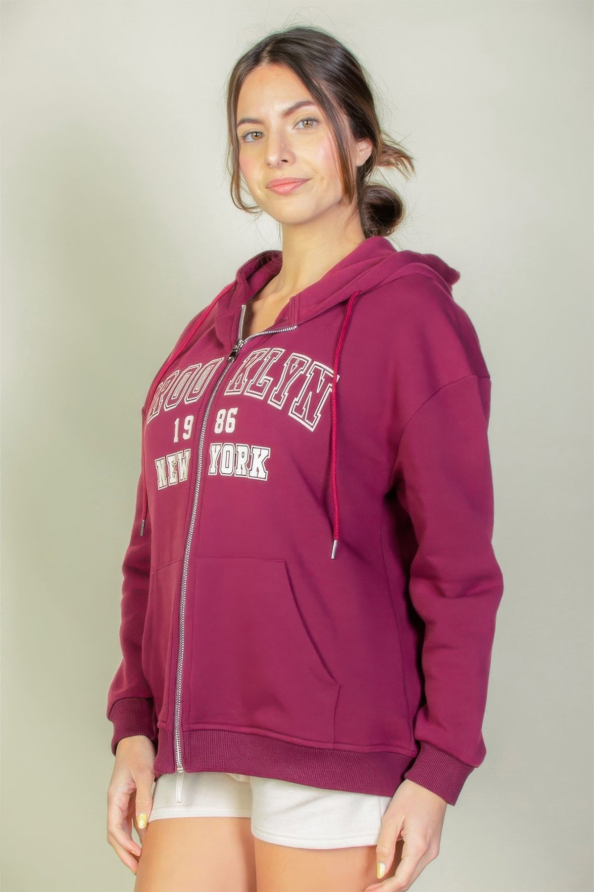 Graphic Drop Shoulder Zipper Up Hoodie For Women
