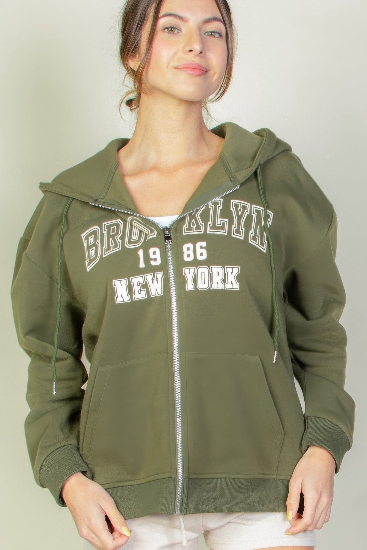 Graphic Drop Shoulder Zipper Up Hoodie For Women Olive