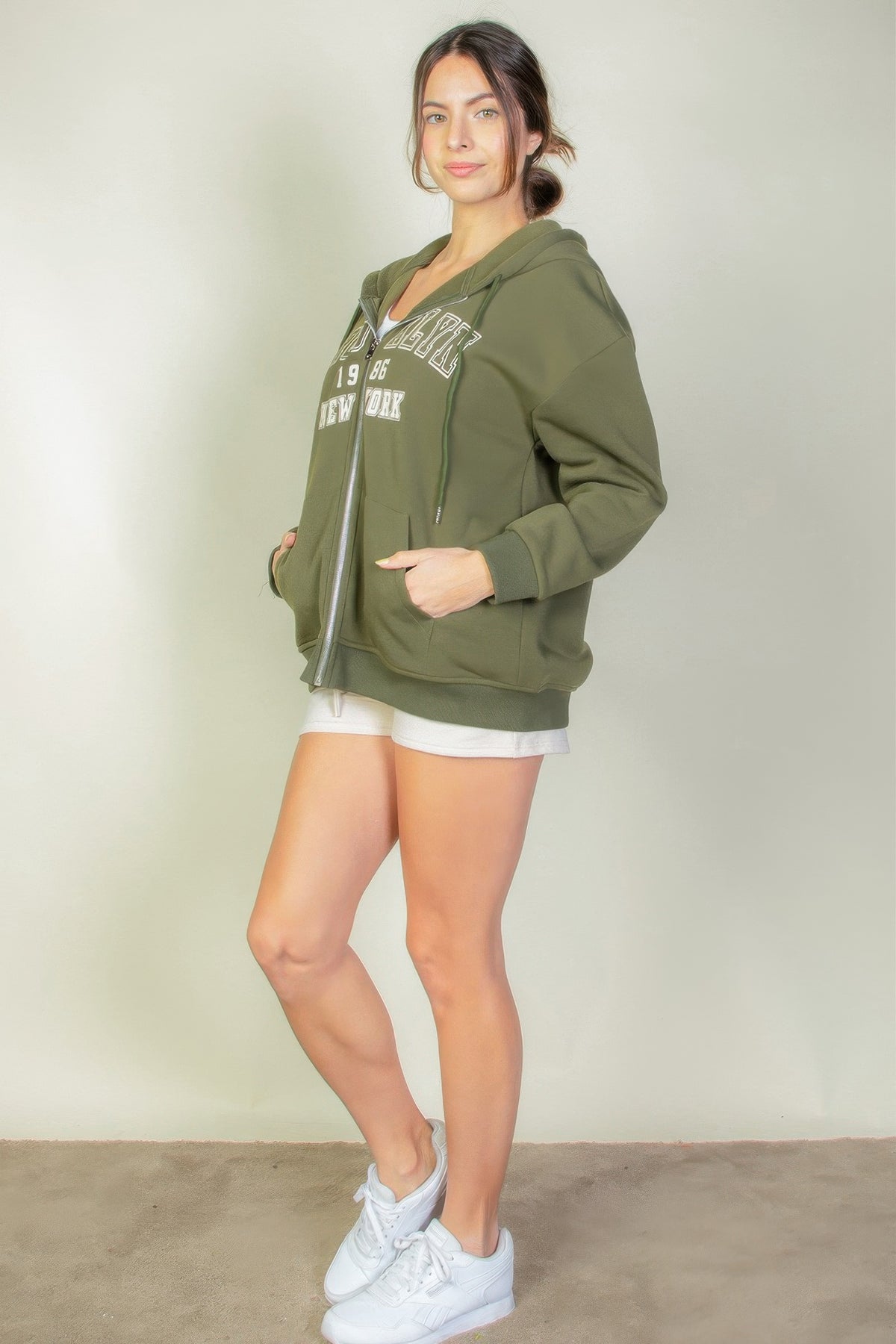 Graphic Drop Shoulder Zipper Up Hoodie For Women