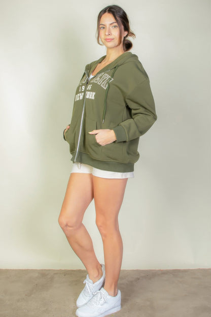 Graphic Drop Shoulder Zipper Up Hoodie For Women