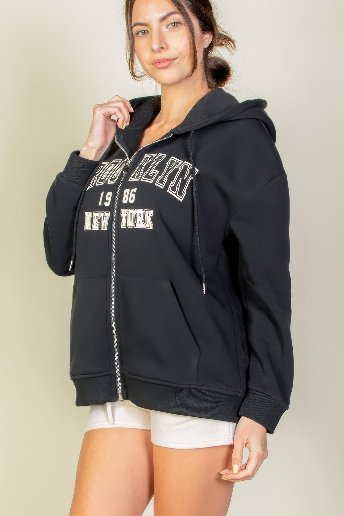 Graphic Drop Shoulder Zipper Up Hoodie For Women Black
