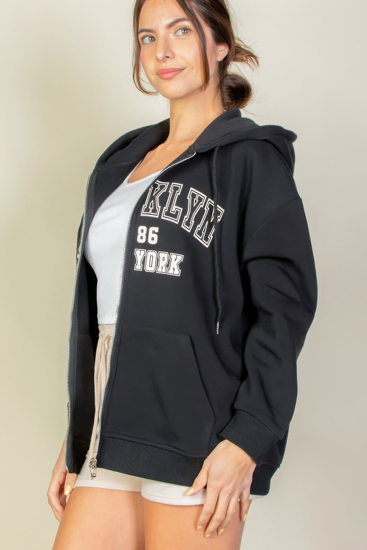 Graphic Drop Shoulder Zipper Up Hoodie For Women