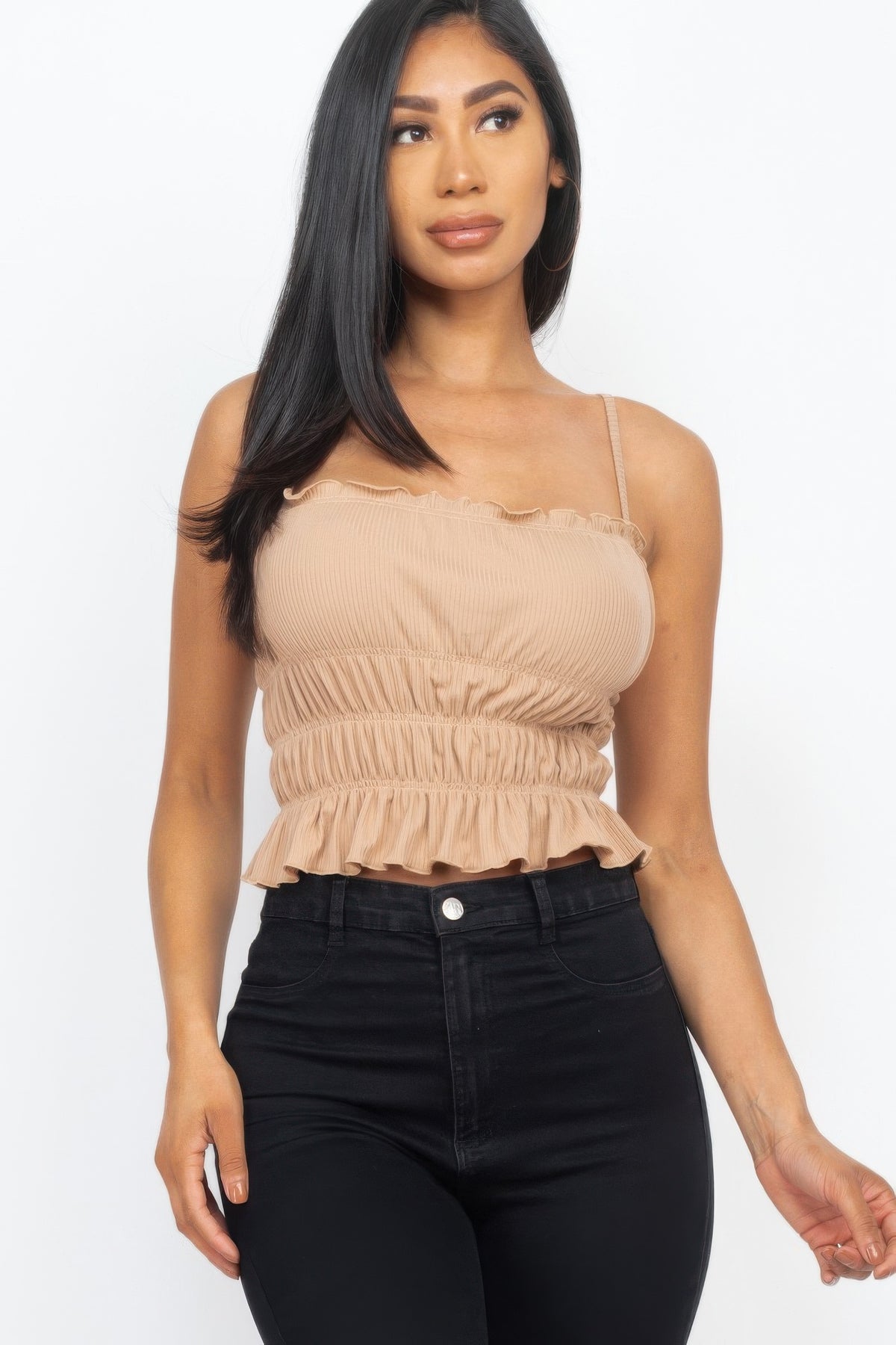 Tiered Shirred Body Crop Top For Women Latte