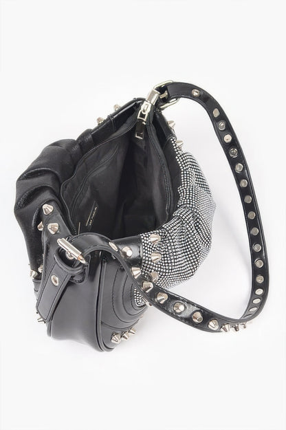 Hot Fix Stones Metal Stud Shoulder Bag For Women Black