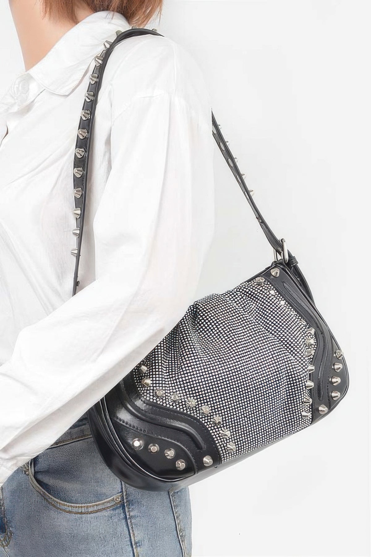 Hot Fix Stones Metal Stud Shoulder Bag For Women