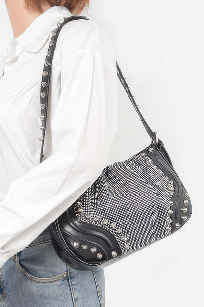 Hot Fix Stones Metal Stud Shoulder Bag For Women