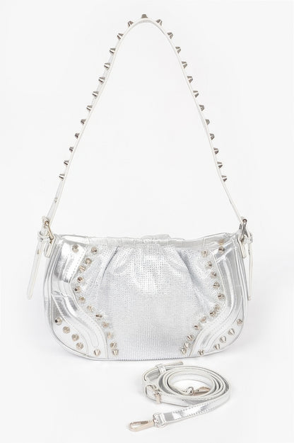 Hot Fix Stones Metal Stud Shoulder Bag For Women Silver