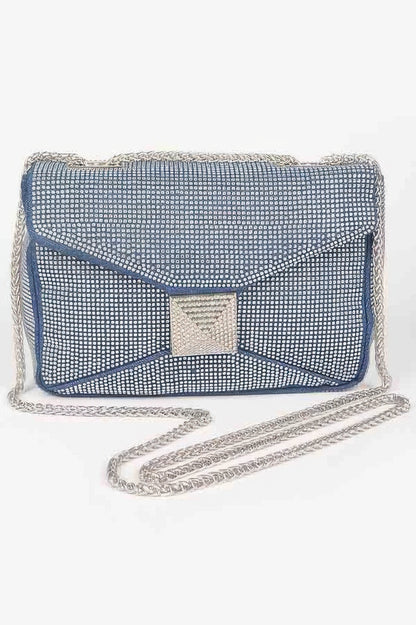Hot Fix Rhinestone Denim Clutch Bag Dark Blue