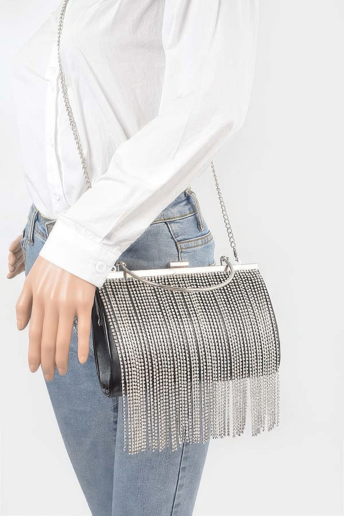 Rhinestone Fringe Metallic Party Clutch For Women Black