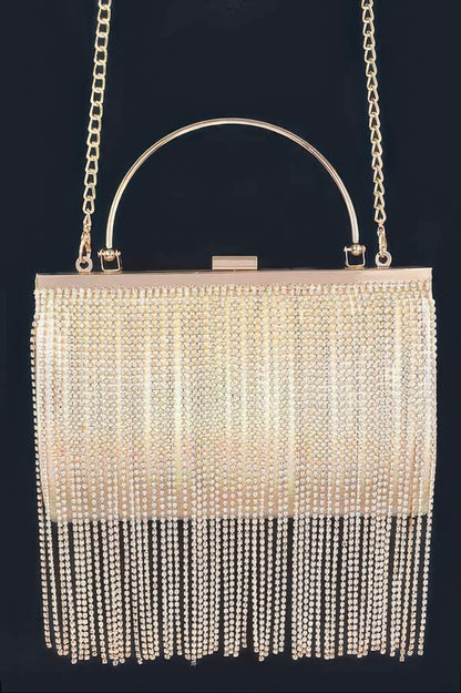 Rhinestone Fringe Metallic Party Clutch For Women Gold
