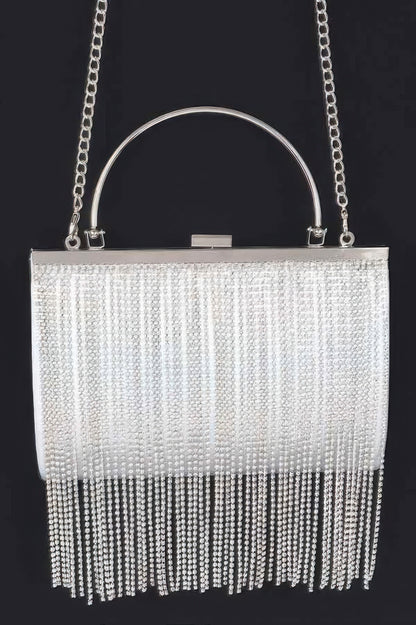 Rhinestone Fringe Metallic Party Clutch For Women Silver