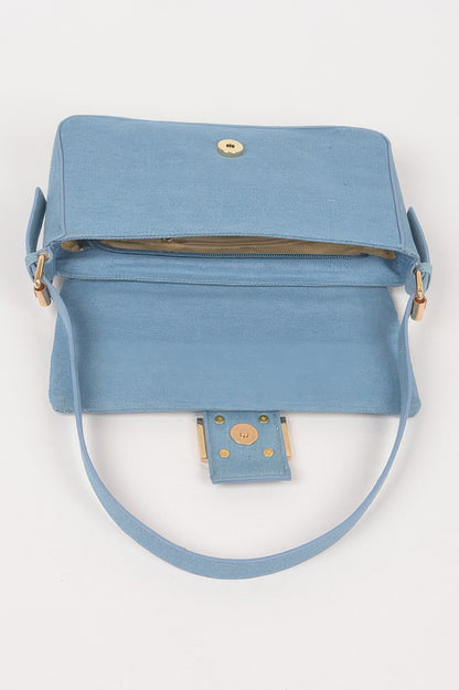 Denim Metal Buckle Shoulder Bag For Women Medium Blue