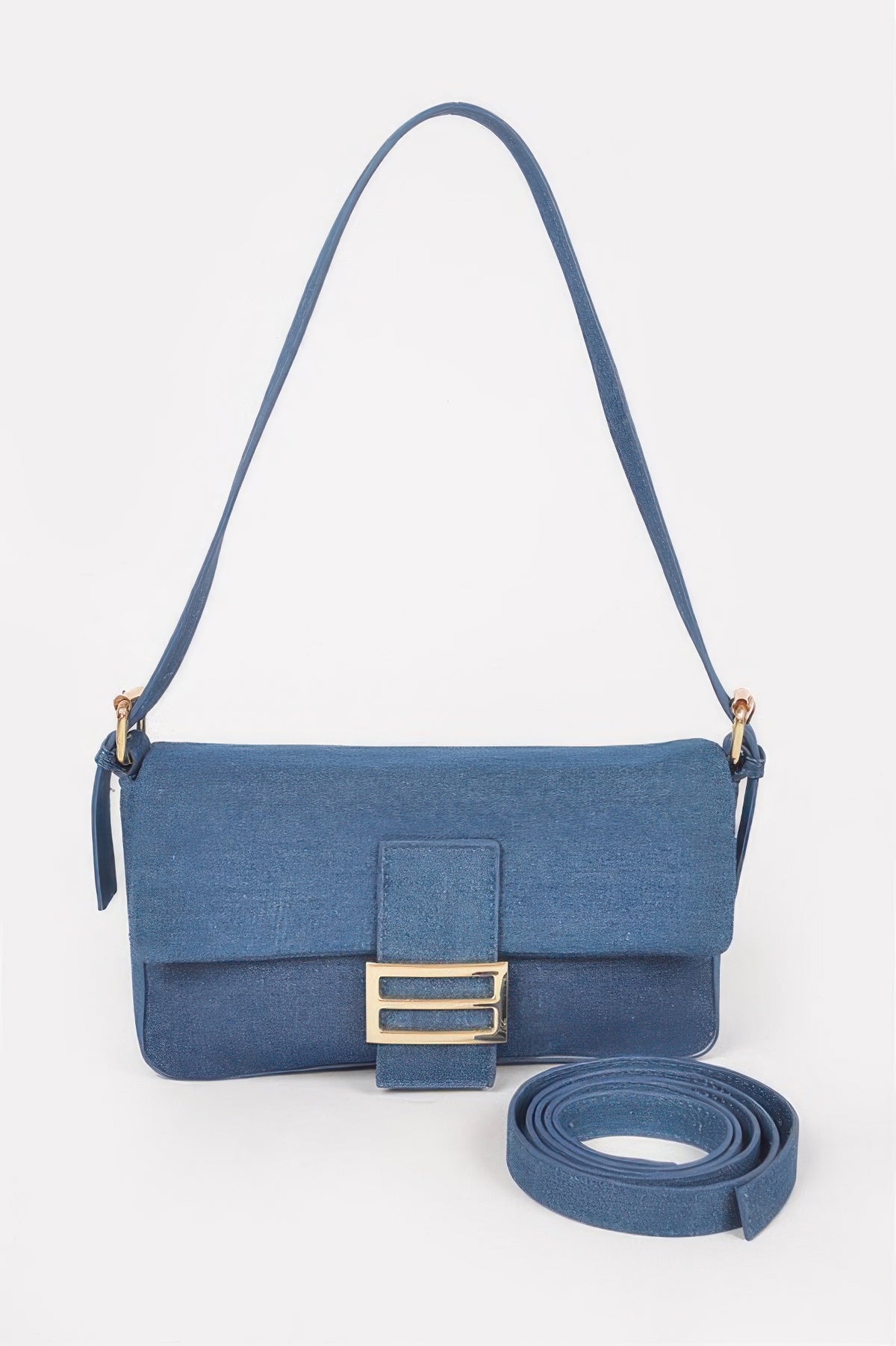 Denim Metal Buckle Shoulder Bag For Women Dark Blue