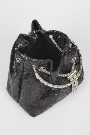 Sequins Bucket Bag W/stone Handle For Women Black