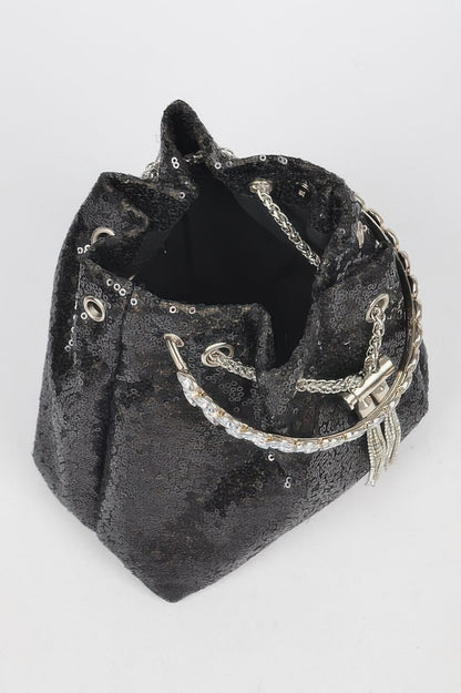 Sequins Bucket Bag W/stone Handle For Women Black