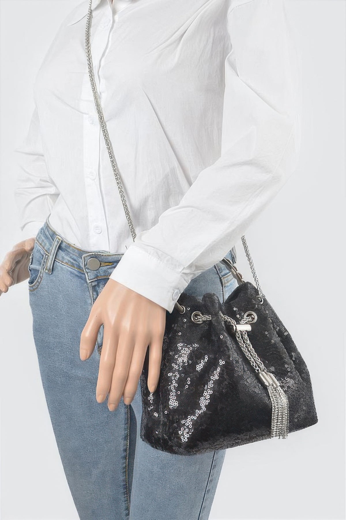 Sequins Bucket Bag W/stone Handle For Women