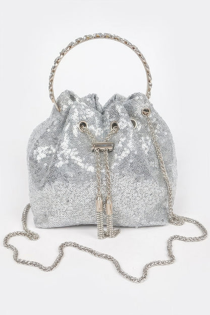 Sequins Bucket Bag W/stone Handle For Women Silver