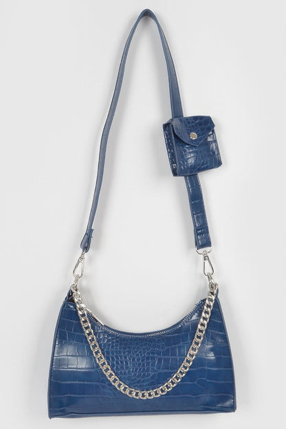 Faux Croc Chain Crossbody Bag Airpod Purse For Women Navy Silver