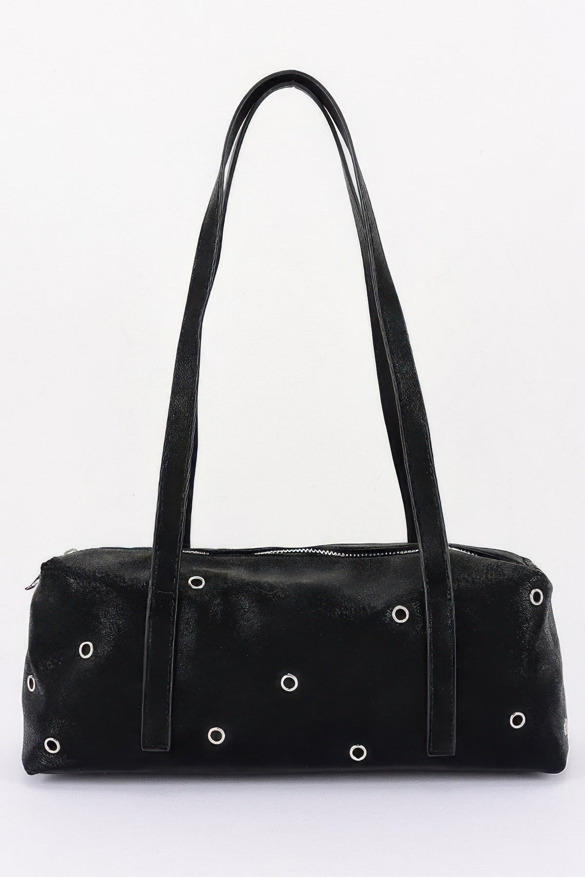 Vegan Leather Eyelet Studded Rectanglar Bag For Women Black