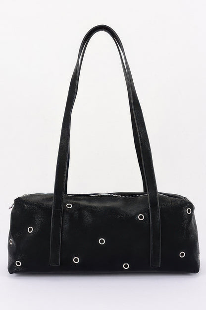 Vegan Leather Eyelet Studded Rectanglar Bag For Women Black