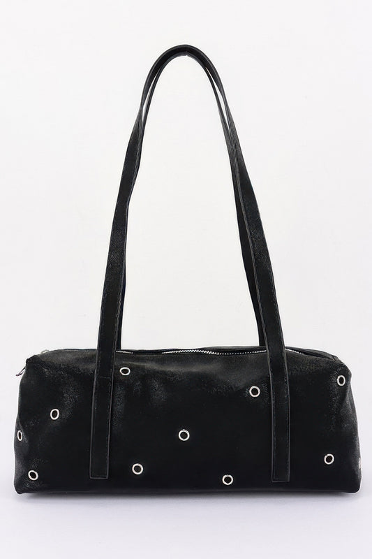 Vegan Leather Eyelet Studded Rectanglar Bag For Women Black