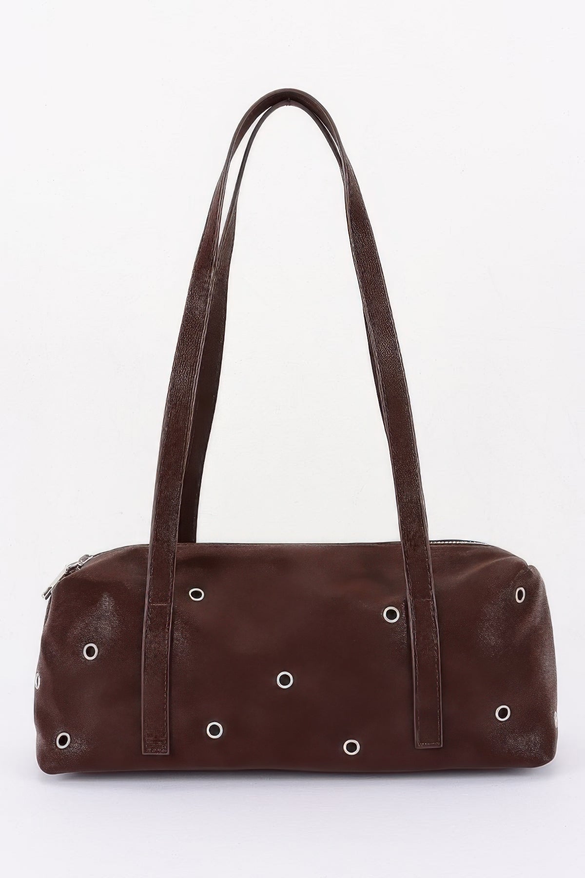 Vegan Leather Eyelet Studded Rectanglar Bag For Women Brown