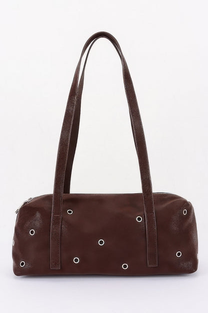 Vegan Leather Eyelet Studded Rectanglar Bag For Women Brown