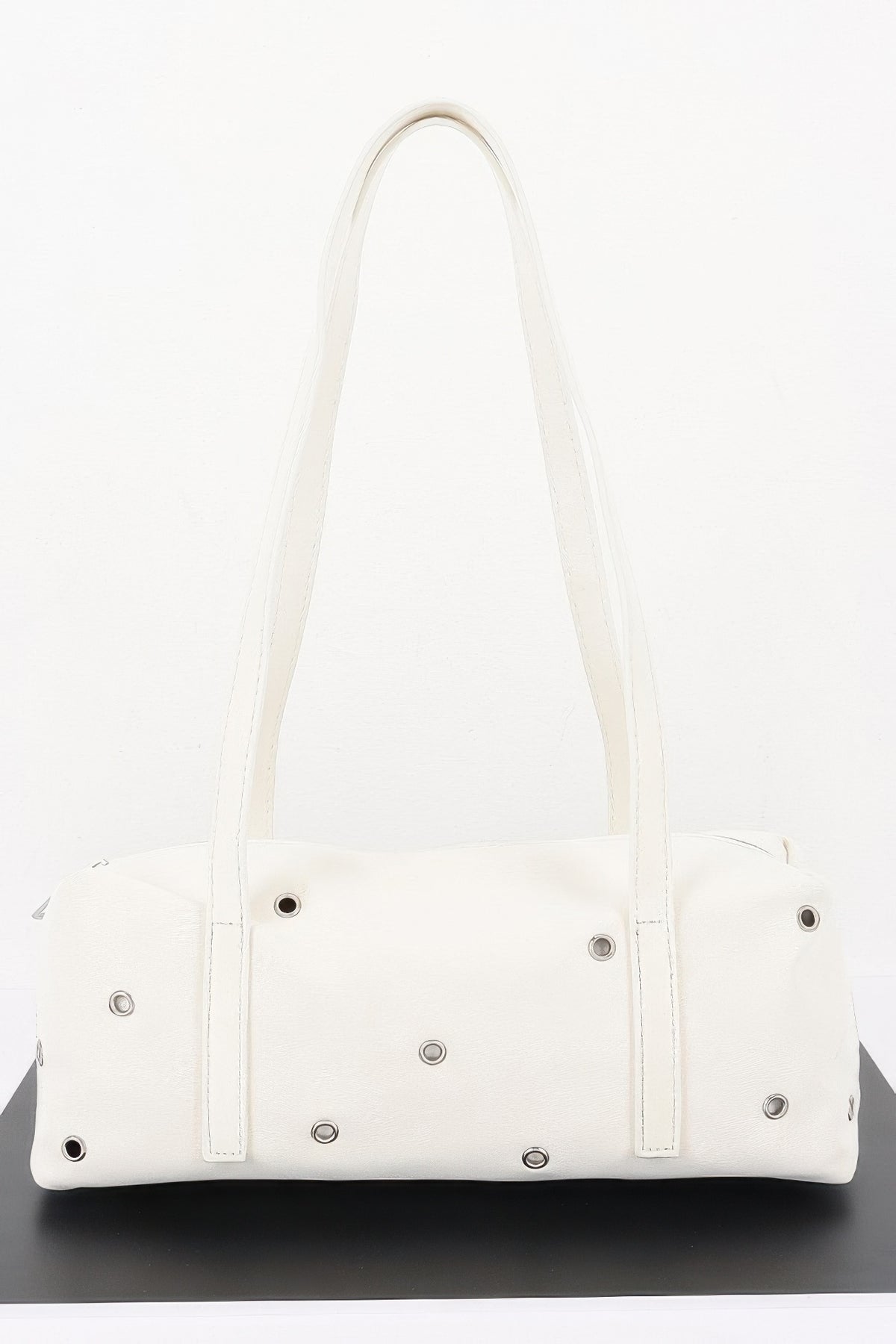 Vegan Leather Eyelet Studded Rectanglar Bag For Women Ivory