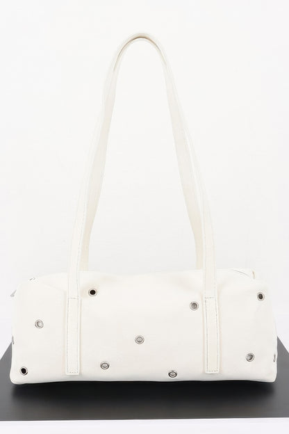Vegan Leather Eyelet Studded Rectanglar Bag For Women Ivory