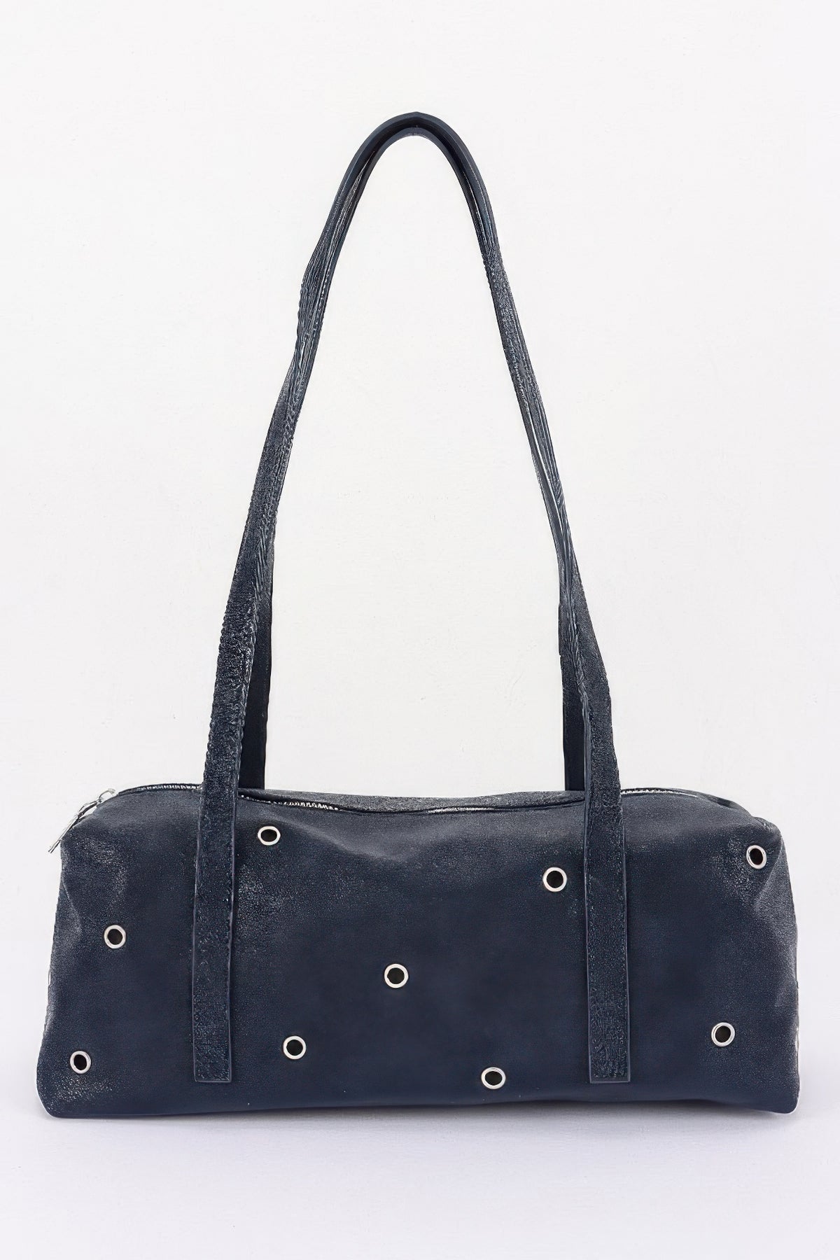 Vegan Leather Eyelet Studded Rectanglar Bag For Women Navy