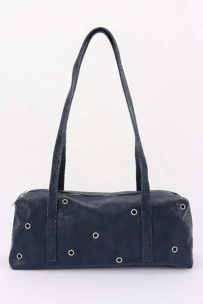 Vegan Leather Eyelet Studded Rectanglar Bag For Women Navy