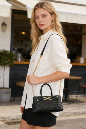 Braided Vegan Leather Handle Bag For Women Black