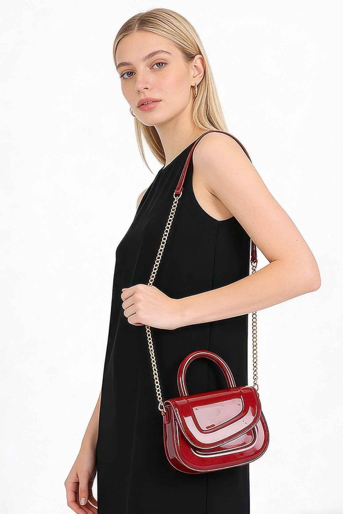 Patent Leather Top Handle Bag For Women Burgundy