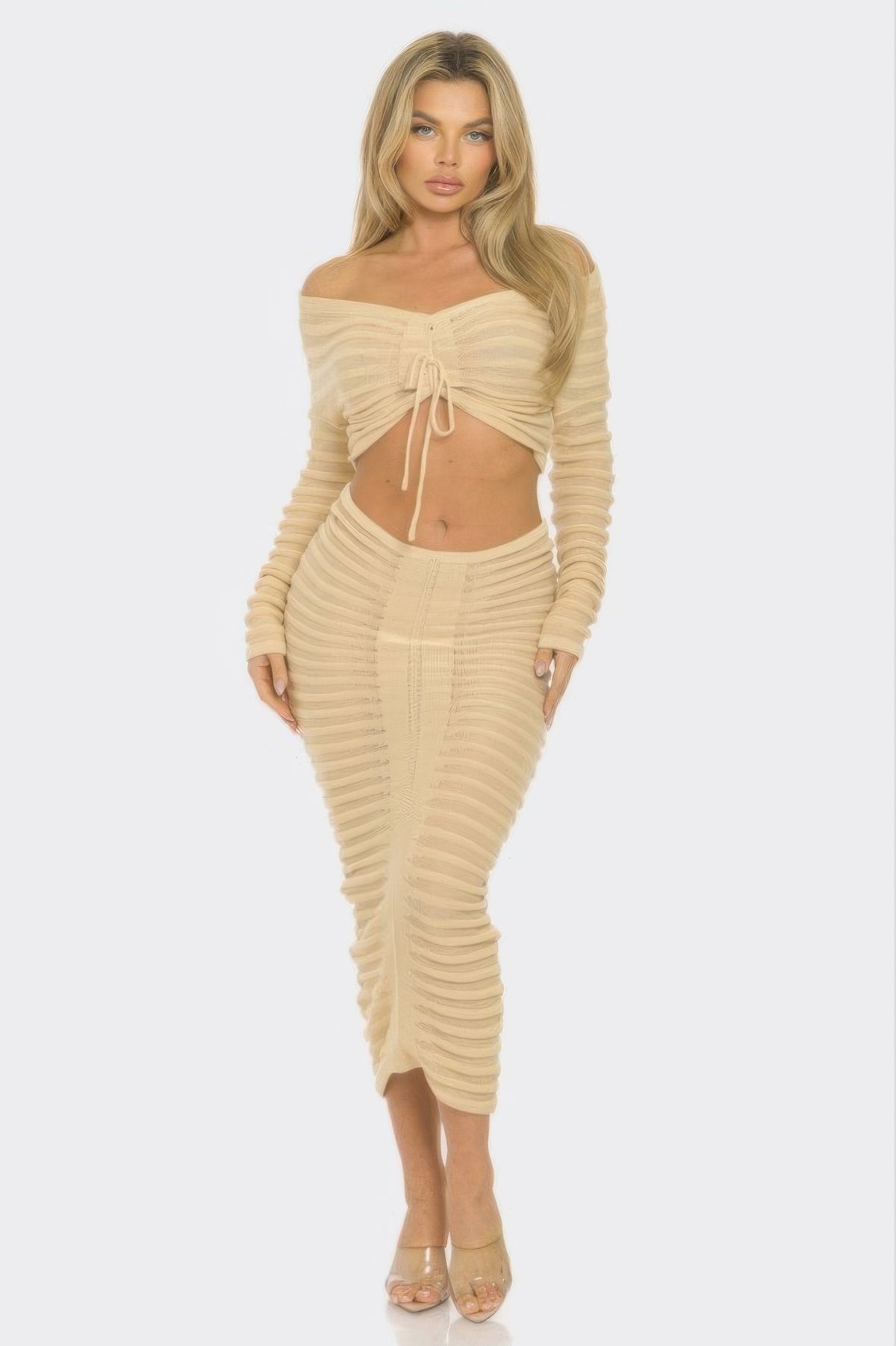 Off The Shoulder Crop Top & Skirt Set For Women Khaki